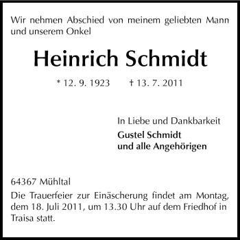 Traueranzeige von Heinrich Schmidt von Echo-Zeitungen (Gesamtausgabe)
