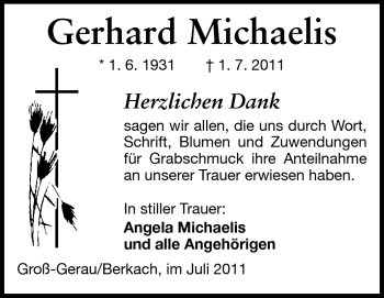 Traueranzeige von Gerhard Michaelis von Rüsselsheimer Echo, Groß-Gerauer-Echo, Ried Echo