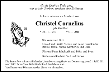 Traueranzeige von Christel Cornelius von Rüsselsheimer Echo, Groß-Gerauer-Echo, Ried Echo