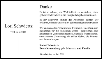 Traueranzeige von Lori Schwiertz von Rüsselsheimer Echo, Groß-Gerauer-Echo, Ried Echo