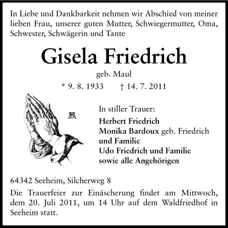  Traueranzeige für Gisela Friedrich vom 16.07.2011 aus Echo-Zeitungen (Gesamtausgabe)