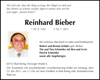 Traueranzeige von Reinhard Bieber von Odenwälder Echo