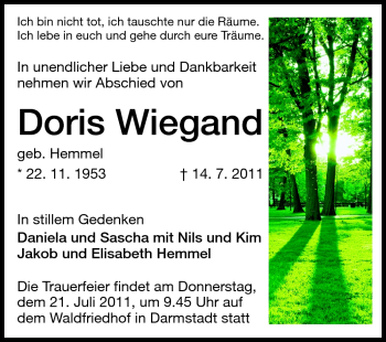 Traueranzeige von Doris Wiegand von Darmstädter Echo, Odenwälder Echo, Rüsselsheimer Echo, Groß-Gerauer-Echo, Ried Echo