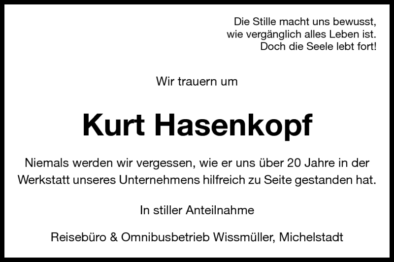  Traueranzeige für Kurt Hasenkopf vom 16.07.2011 aus Odenwälder Echo