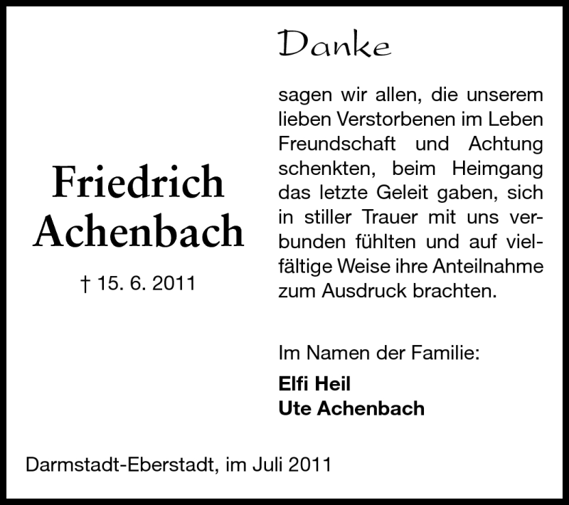  Traueranzeige für Friedrich Achenbach vom 16.07.2011 aus Echo-Zeitungen (Gesamtausgabe)
