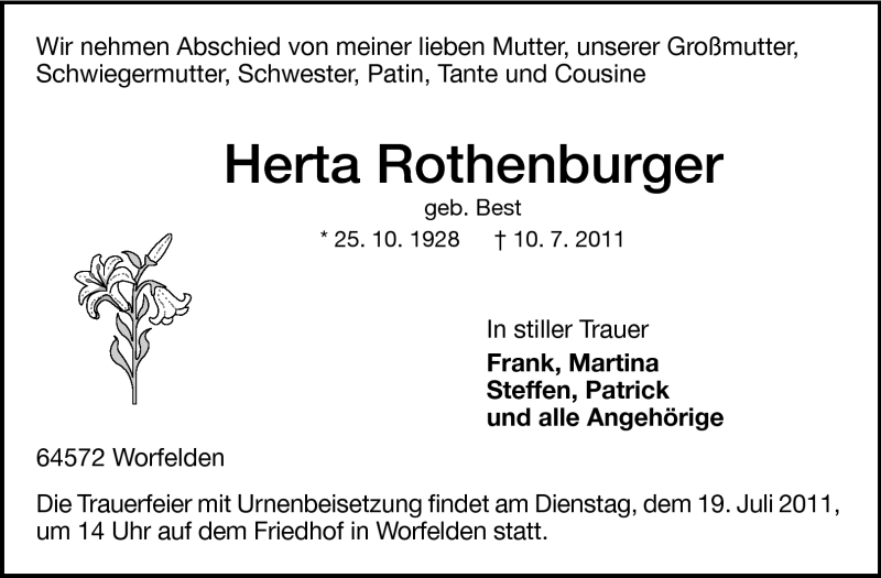 Traueranzeige für Herta Rothenburger vom 16.07.2011 aus Rüsselsheimer Echo, Groß-Gerauer-Echo, Ried Echo