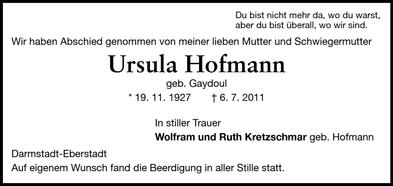  Traueranzeige für Ursula Hofmann vom 16.07.2011 aus Echo-Zeitungen (Gesamtausgabe)