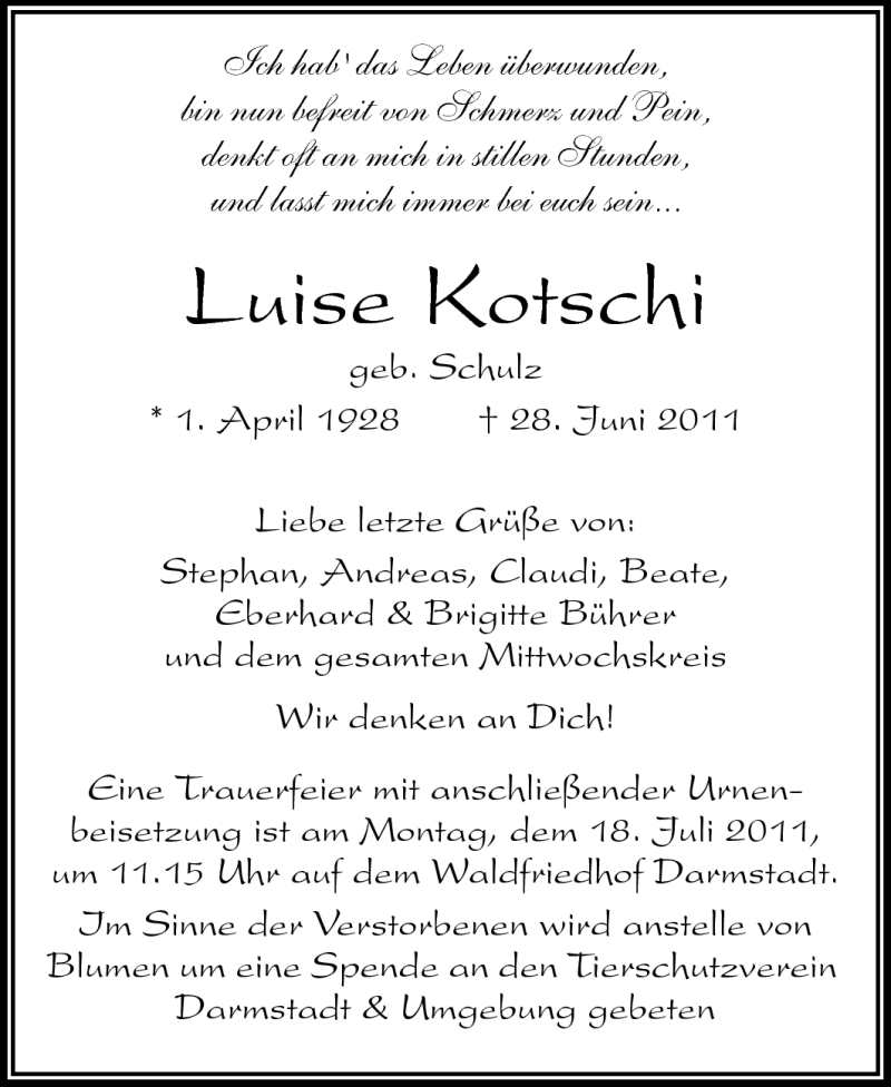  Traueranzeige für Luise Kotschi vom 16.07.2011 aus Echo-Zeitungen (Gesamtausgabe)