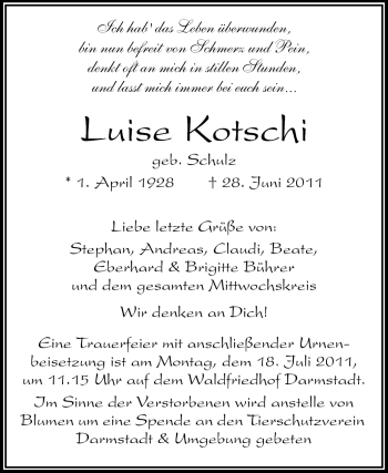 Traueranzeige von Luise Kotschi von Echo-Zeitungen (Gesamtausgabe)
