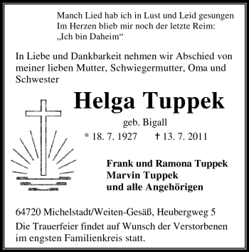 Traueranzeige von Helga Tuppek von Odenwälder Echo