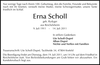 Traueranzeige von Erna Scholl von Odenwälder Echo