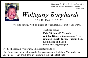 Traueranzeige von Wolfgang Borghardt von Odenwälder Echo