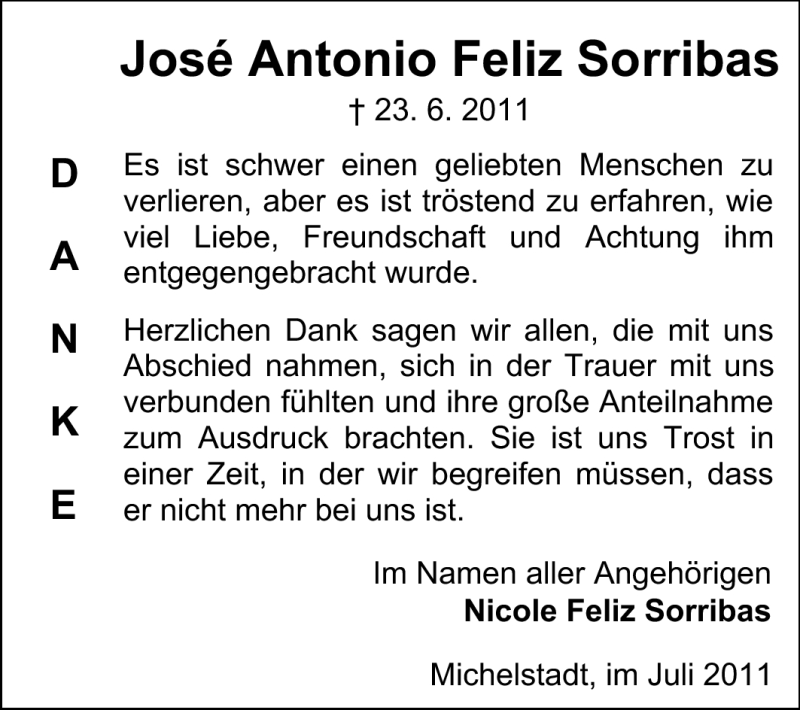  Traueranzeige für José Antonio Feliz Sorribas vom 16.07.2011 aus Odenwälder Echo