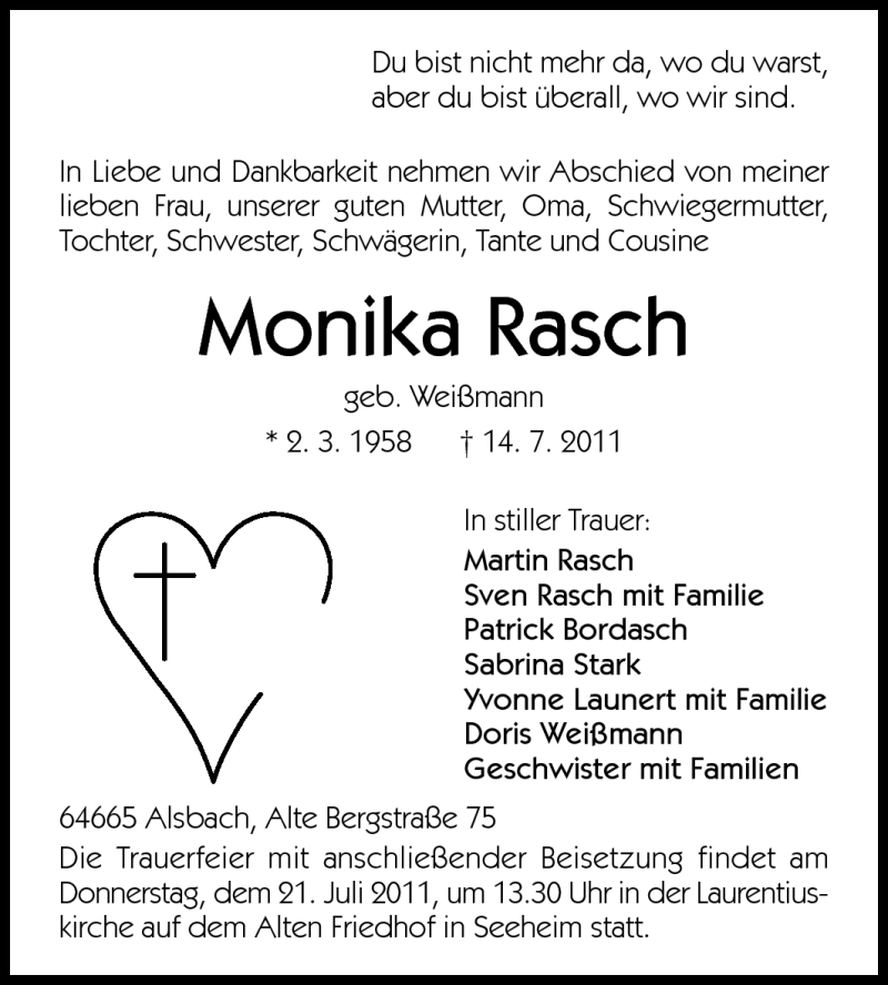 Traueranzeige für Monika Rasch vom 18.07.2011 aus Echo-Zeitungen (Gesamtausgabe)