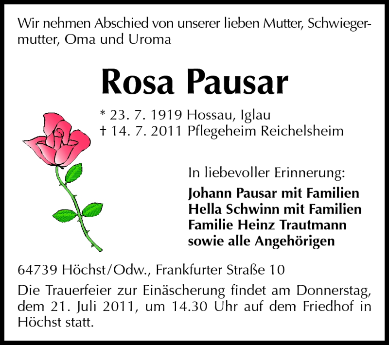  Traueranzeige für Rosa Pausar vom 19.07.2011 aus Echo-Zeitungen (Gesamtausgabe)