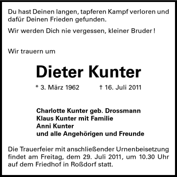 Traueranzeige von Dieter Kunter von Echo-Zeitungen (Gesamtausgabe)