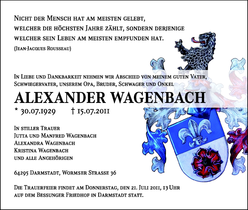  Traueranzeige für Alexander Wagenbach vom 19.07.2011 aus Echo-Zeitungen (Gesamtausgabe)