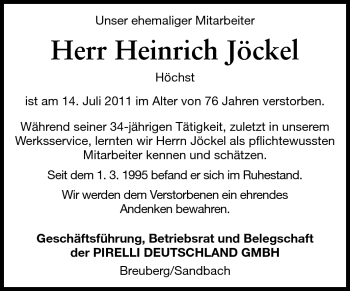 Traueranzeige von Heinrich Jöckel von Odenwälder Echo