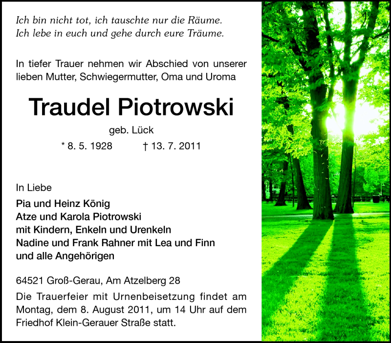  Traueranzeige für Traudel Piotrowski vom 30.07.2011 aus Rüsselsheimer Echo, Groß-Gerauer-Echo, Ried Echo