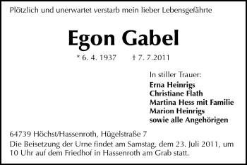 Traueranzeige von Egon Gabel von Odenwälder Echo