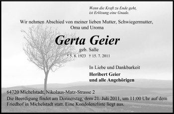 Traueranzeige von Gerta Geier von Odenwälder Echo