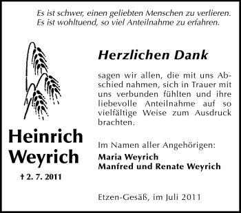 Traueranzeige von Heinrich Weyrich von Odenwälder Echo