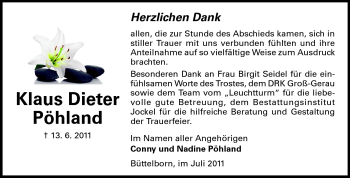 Traueranzeige von Klaus Dieter Pöhland von Rüsselsheimer Echo, Groß-Gerauer-Echo, Ried Echo