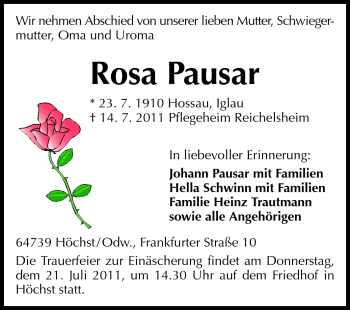 Traueranzeige von Rosa Pausar von Echo-Zeitungen (Gesamtausgabe)
