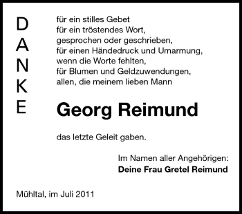 Traueranzeige von Georg Reimund von Echo-Zeitungen (Gesamtausgabe)