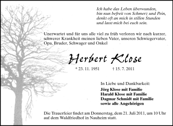 Traueranzeige von Herbert Klose von Rüsselsheimer Echo, Groß-Gerauer-Echo, Ried Echo