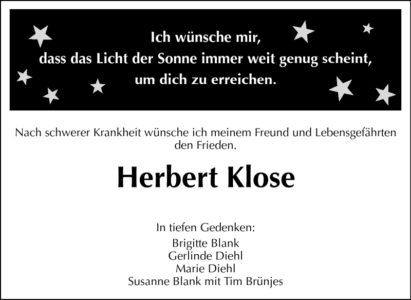  Traueranzeige für Herbert Klose vom 20.07.2011 aus Rüsselsheimer Echo, Groß-Gerauer-Echo, Ried Echo