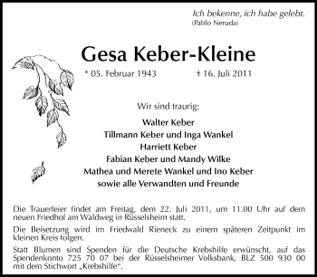 Traueranzeige von Gesa Keber-Kleine von Rüsselsheimer Echo, Groß-Gerauer-Echo, Ried Echo