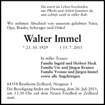 Traueranzeige von Walter Immel von Echo-Zeitungen (Gesamtausgabe)