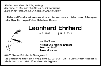 Traueranzeige von Leonhard Ehrhard von Echo-Zeitungen (Gesamtausgabe)