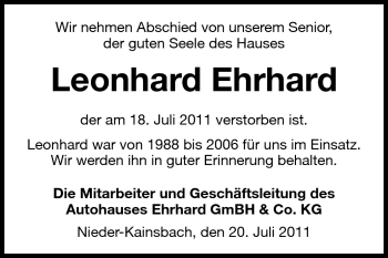 Traueranzeige von Leonhard Ehrhard von Echo-Zeitungen (Gesamtausgabe)