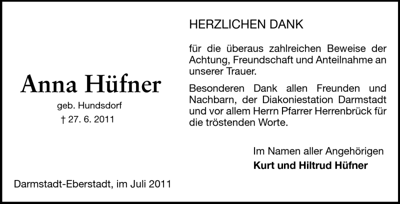  Traueranzeige für Anna Hüfner vom 23.07.2011 aus Echo-Zeitungen (Gesamtausgabe)