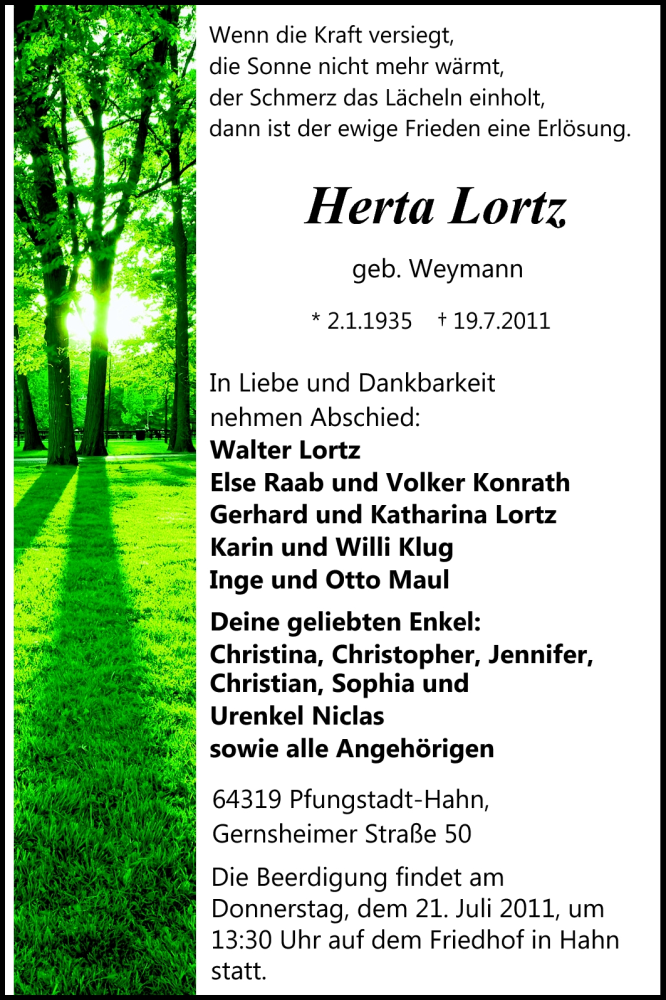  Traueranzeige für Herta Lortz vom 20.07.2011 aus Echo-Zeitungen (Gesamtausgabe)