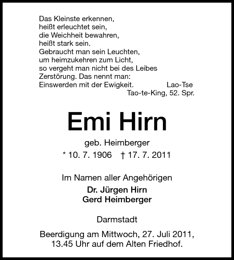  Traueranzeige für Emi Hirn vom 23.07.2011 aus Echo-Zeitungen (Gesamtausgabe)