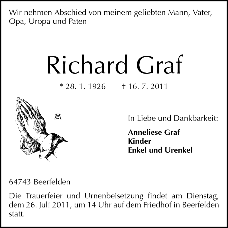  Traueranzeige für Richard Graf vom 23.07.2011 aus Odenwälder Echo