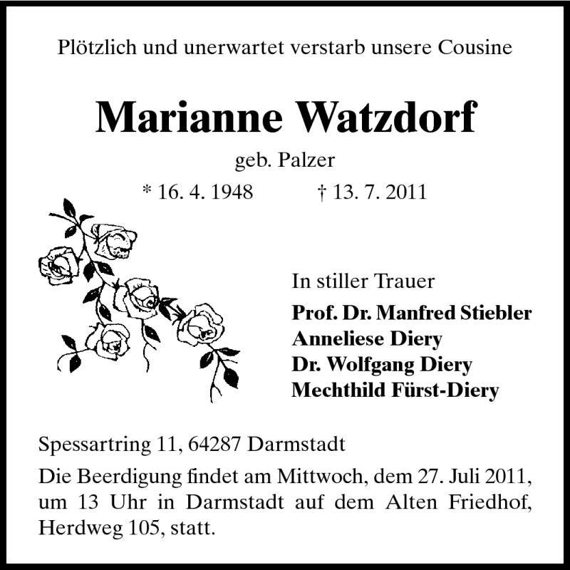  Traueranzeige für Marianne Watzdorf vom 23.07.2011 aus Darmstädter Echo, Odenwälder Echo, Rüsselsheimer Echo, Groß-Gerauer-Echo, Ried Echo