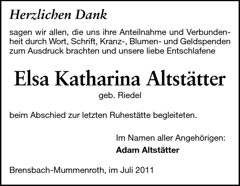  Traueranzeige für Elsa Katharina Altstätter vom 23.07.2011 aus Odenwälder Echo