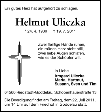 Traueranzeige von Helmut Uliczka von Rüsselsheimer Echo, Groß-Gerauer-Echo, Ried Echo