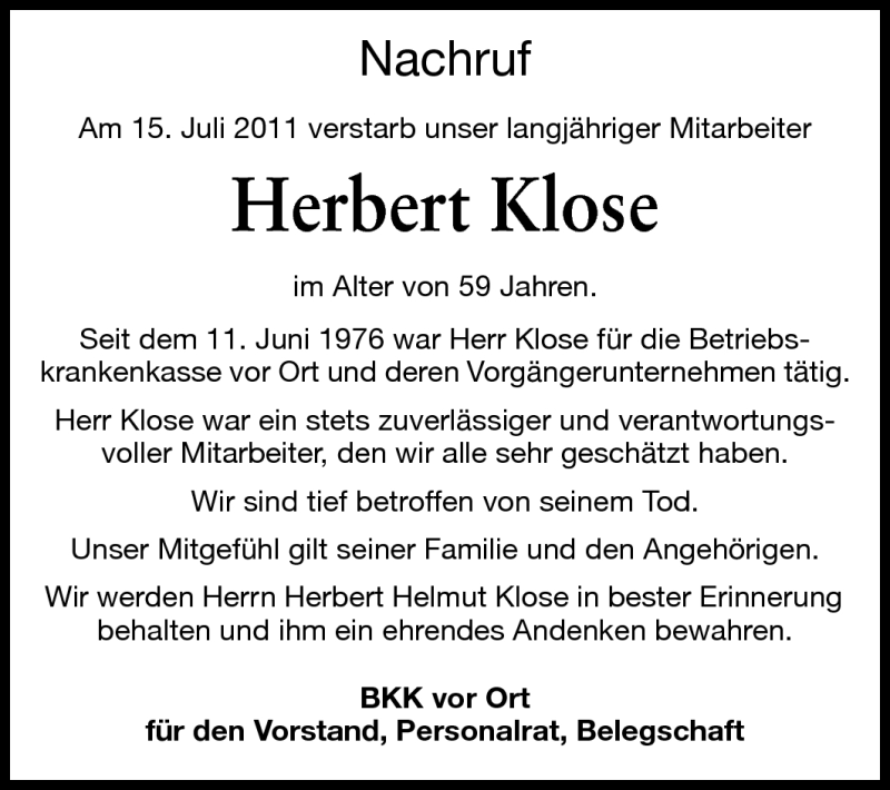  Traueranzeige für Herbert Klose vom 21.07.2011 aus Rüsselsheimer Echo, Groß-Gerauer-Echo, Ried Echo