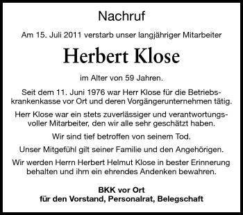 Traueranzeige von Herbert Klose von Rüsselsheimer Echo, Groß-Gerauer-Echo, Ried Echo