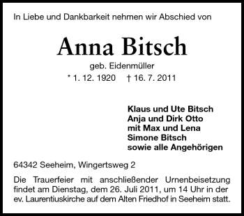 Traueranzeige von Anna Bitsch von Echo-Zeitungen (Gesamtausgabe)