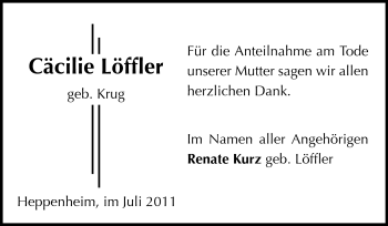Traueranzeige von Cäcilie Luise Löffler von Starkenburger Echo