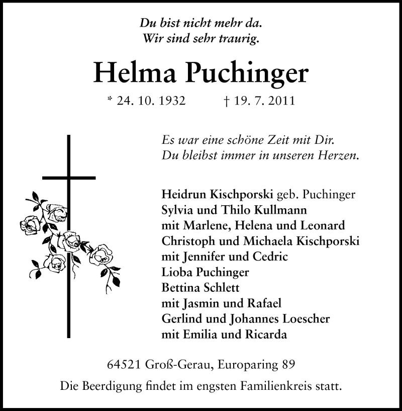  Traueranzeige für Helma Puchinger vom 23.07.2011 aus Rüsselsheimer Echo, Groß-Gerauer-Echo, Ried Echo