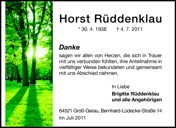 Traueranzeige von Horst Rüddenklau von Rüsselsheimer Echo, Groß-Gerauer-Echo, Ried Echo