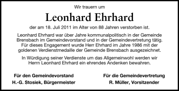 Traueranzeige von Leonhard Ehrhard von Odenwälder Echo