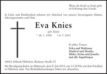 Traueranzeige von Eva Knies von Echo-Zeitungen (Gesamtausgabe)